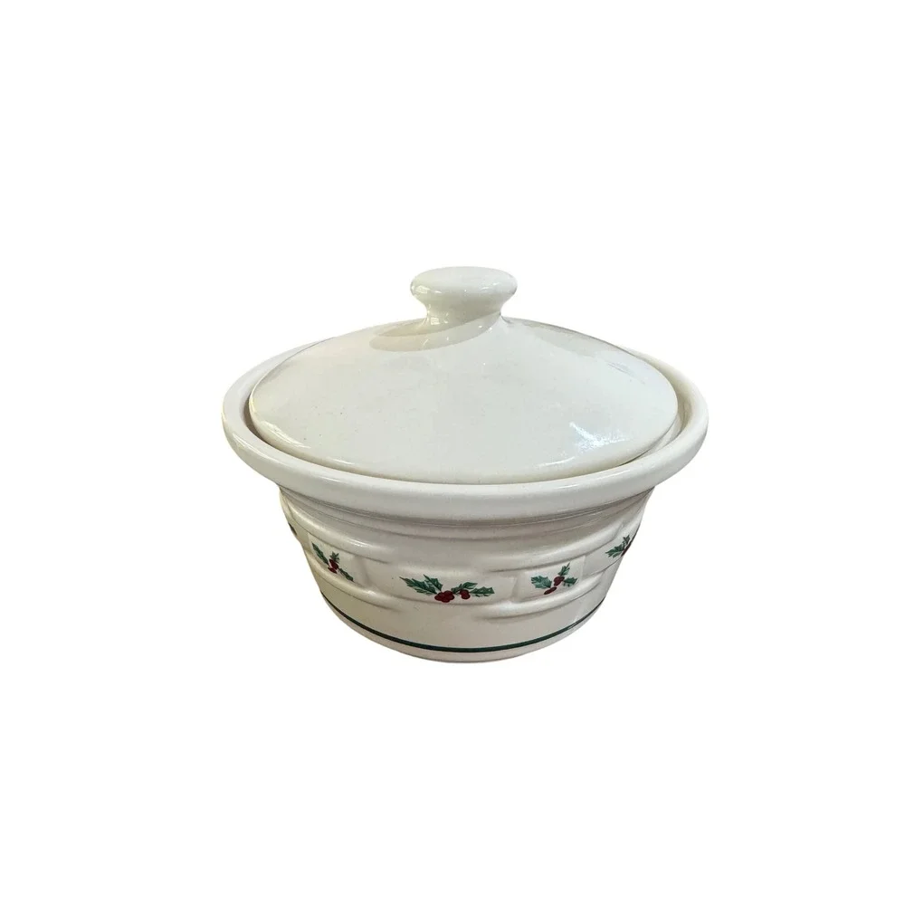Longaberger Pottery Casserole Dish Christmas Holly Basketweave Ivory small